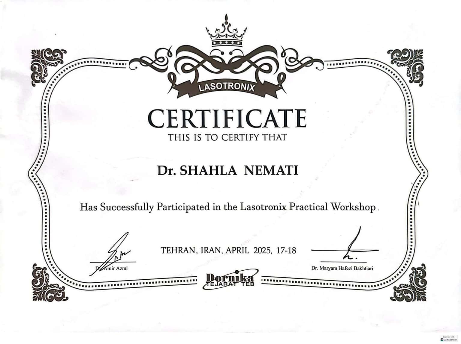 گواهی کارگاه عملی لیزر دندان‌پزشکی Lasotronix، تهران ۲۰۲۵