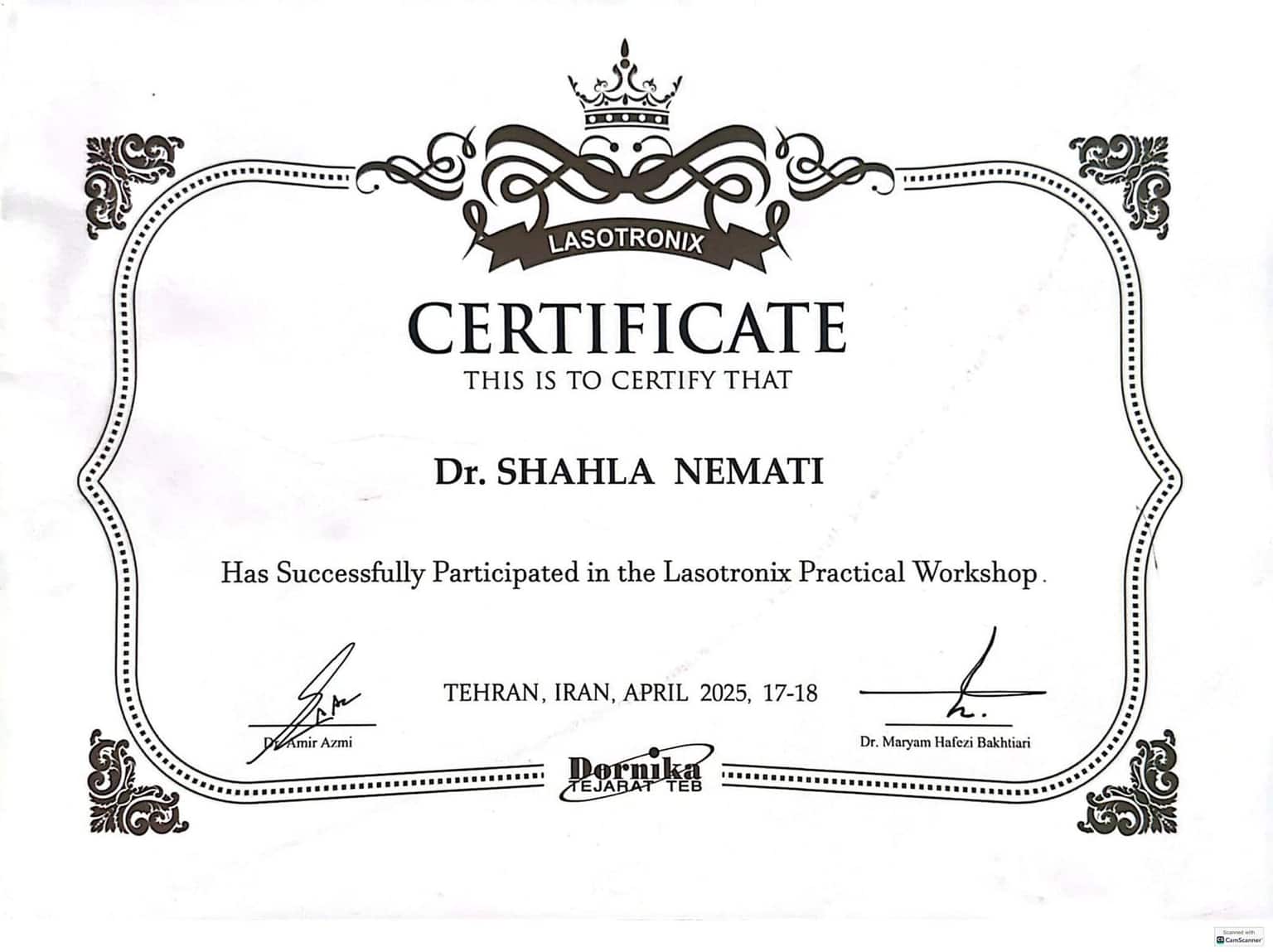 گواهی کارگاه عملی لیزر دندان‌پزشکی Lasotronix، تهران ۲۰۲۵